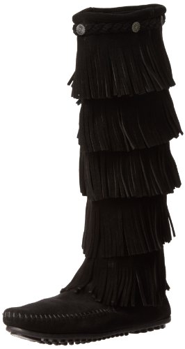 Minnetonka Women's 5-Layer Fringe Boot,Black,9 M US
