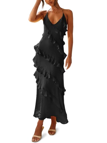 Wenrine Womens Sexy Chiffon Halter Maxi Dress Sleeveless Backless Ruffle Tassel Party Club Dresses Black