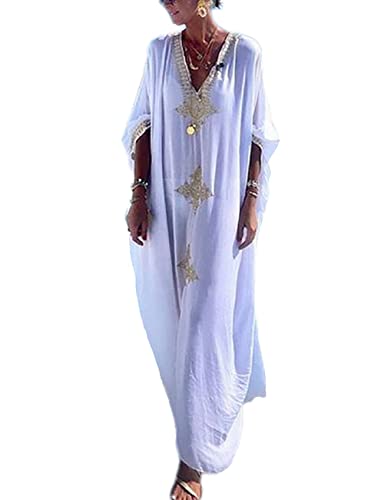 Bsubseach Gold Embroidery Long Kaftan Dresses V Neck Caftan Dress Beach Cover Ups for Women White