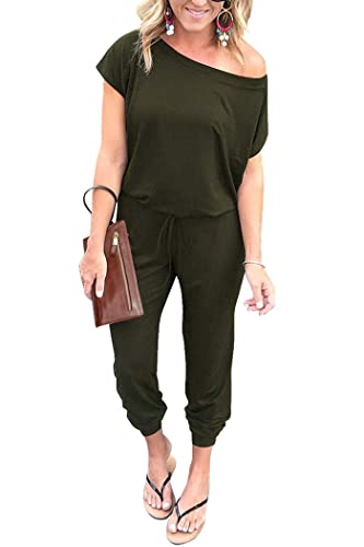 PRETTYGARDEN Women's Loose Solid Off Shoulder Elastic Waist Stretchy Long Romper Jumpsuit (Green,Medium)