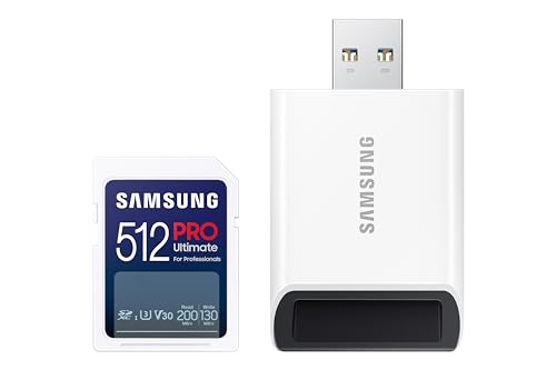 SAMSUNG PRO Ultimate Memory Card Full Size + Reader, 512GB SDXC, Up to 200 MB/s, 4K UHD, UHS-I, C10, U3, V30, A2 for DSLR, Mirrorless Cameras, PCs, MB-SY512SB/AM