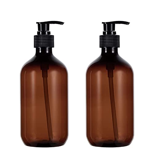 sdoot Shampoo Bottles with Pump, 17oz Refillable Amber Plastic Pump Dispenser Bottle for Soap Shampoo Conditioner, 2 Pack