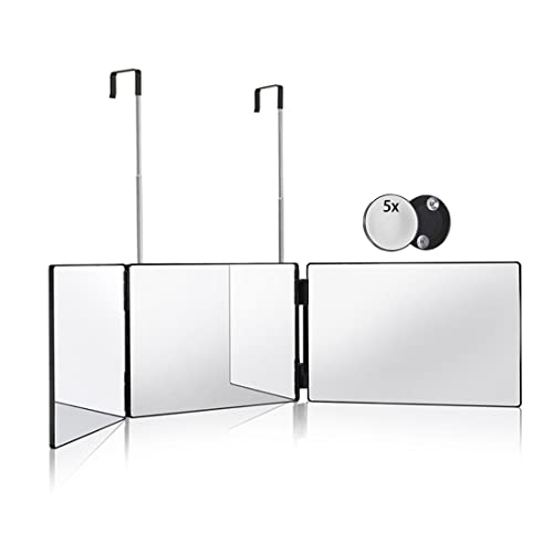 HIEEY 3 Way Mirror for Hair Cutting,360 Trifold Mirror with Height Adjustable Telescoping Hooks,and 5X Magnification Mirror,for Makeup, Hair Styling