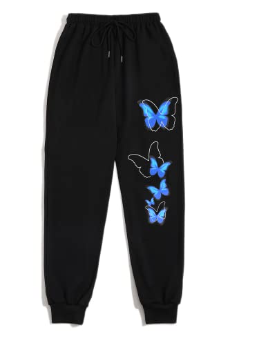 SOLY HUX Women's Butterfly Print Drawstring High Waisted Sweatpants Joggers Pants Black and Blue S