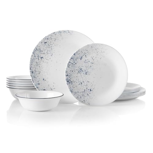 Corelle Vitrelle 18-Piece Service for 6 Dinnerware Set, Triple Layer Glass and Chip Resistant, Lightweight Round Plates and Bowls Set, Indigo Speckle