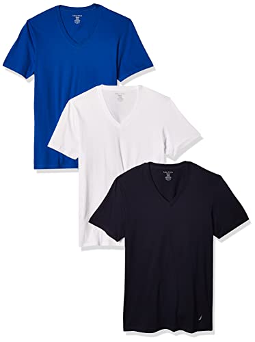 Nautica Men's Cotton V-neck T-shirt - Multipack, Peacoat/Cobalt/White - 3 Pack, X-Large