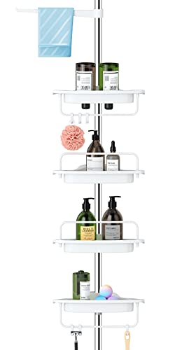 ALLZONE Rustproof Shower Caddy Corner for Bathroom,Bathtub Storage Organizer for Shampoo Accessories,4-Tier Adjustable Shelves with Tension Pole, 39.2 to 113 Inch, White