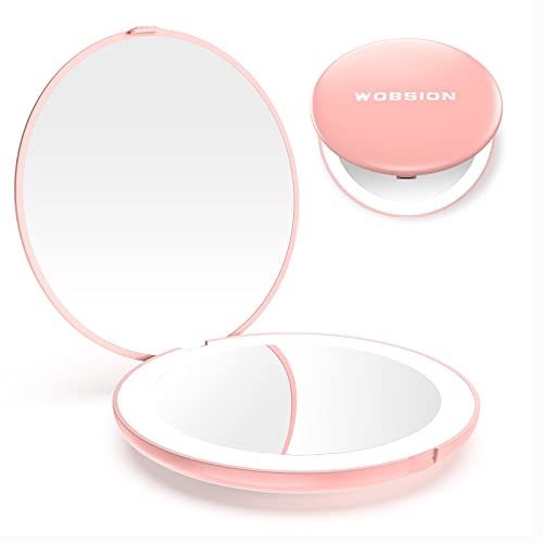 wobsion Compact Mirror with Light, 1x/10x Magnification Travel Makeup Mirror, Handheld 2-Sided Mirror, Compact Mirror for Purses, 3.5 inch Small Pocket Mirror for Handbag,Purse,Pocket,Round,Pink