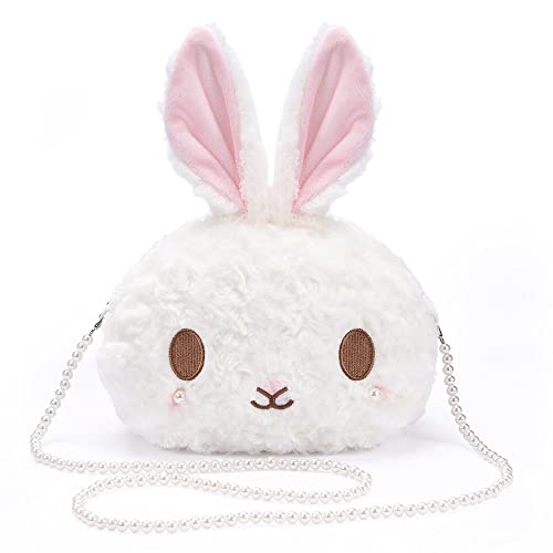 kawaii bunny Crossbody bag,cartoon Plush Rabbit wallets,cute Lolita Handbag for women, Lovely Fluffy animal purse (pearl chain) white