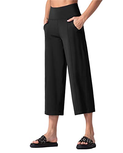 THE GYM PEOPLE Bootleg Yoga Capris Pants for Women Tummy Control High Waist Workout Flare Crop Pants with Pockets (Large, Black)