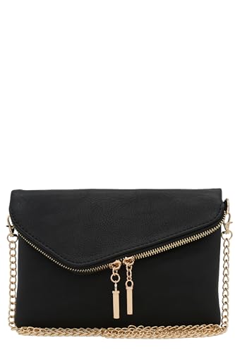 FashionPuzzle Envelope Wristlet Clutch Crossbody Bag with Chain Strap (Black) One Size