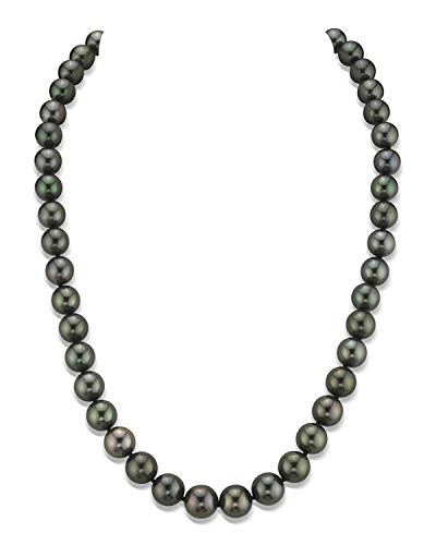 The Pearl Source 14K Gold 8-10mm Round Genuine Black Tahitian South Sea Cultured Pearl Necklace in 18' Matinee Length for Women