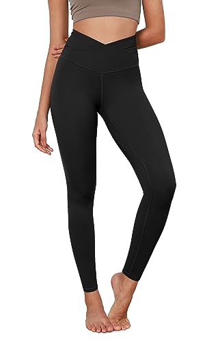 ODODOS Women's Cross Waist Full Length Yoga Leggings with Inner Pocket, Inseam 28' Gathered Crossover Workout Yoga Pants, Black, Medium