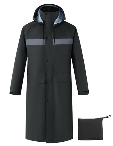 Ubon Mens Long Rain Coat Waterproof with Hood, Lightweight Rain Jacket Spring Windbreaker for Travel and Hiking, Hi-vis Black Large