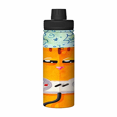 Nicokee 18oz Sports Insulated Kettle Cute Yellow Cat Playing Console Game Joystick Cartoon Water Bottle/Cup Keep It Hot or Cold with Sport/Travel/Work