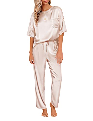 Ekouaer Womens Satin Pajama Set 2 Piece Sleepwear Loungewear Short Sleeve Pj Set Summer Sleep Set Champagne