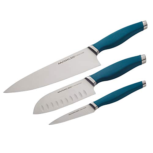 Rachael Ray Cutlery Japanese Stainless Steel Knives Set with Sheaths, 8-Inch Chef Knife, 5-Inch Santoku Knife, and 3.5-Inch Paring Knife, Teal