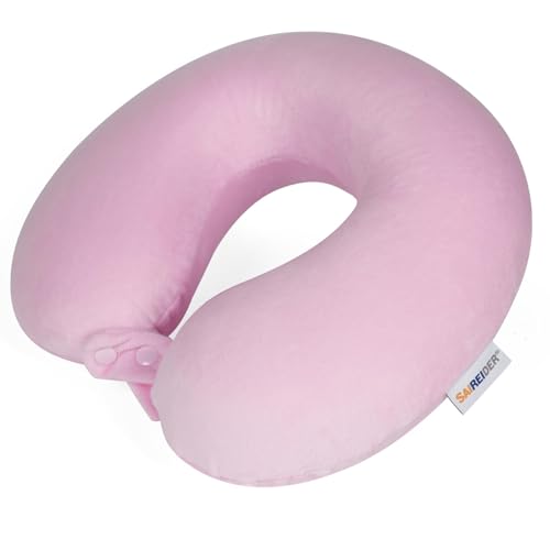 SAIREIDER Travel Neck Pillow 100% Pure Memory Foam Airplane Pillow for Head Support,Soft Adjustable Pillow for Plane, Car & Home Recliner (Pink)