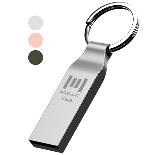 MOSDART 128GB USB 2.0 Flash Drive Metal Thumb Drive with Keychain 128 GB Waterproof Jump Drive 128G exFAT Memory Stick for Storage and Backup,Silver