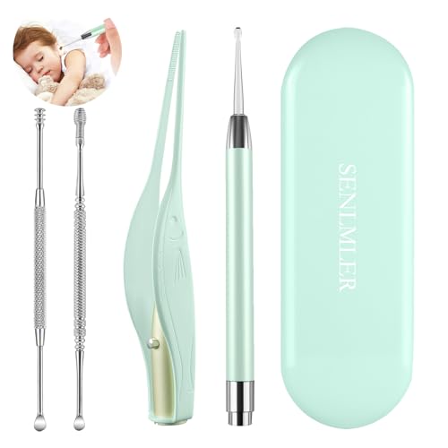 4 Pack Ear Wax Removal Tool Kit with Light, Ear Pick Ear Cleaning Tools Set for Kids and Adults, Ear Picks Digger & Tweezers & Spiral Spring Ear Spoon with Storage Box (Green)