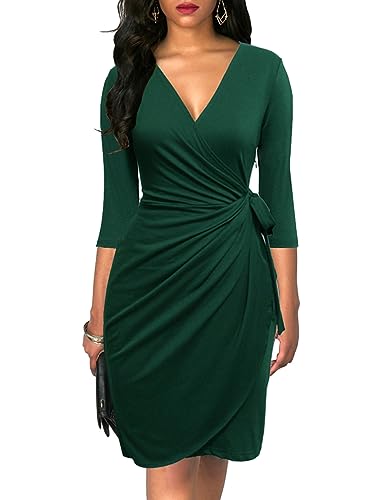 Berydress Women's Classic 3/4 Sleeve V Neck Sheath Casual Party Work Faux Black Wrap Dress (L, 6083-Dark Green)