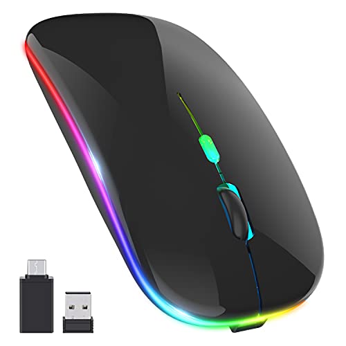 【Upgrade】LED Wireless Mouse, Slim Silent Mouse 2.4G Portable Mobile Optical Office Mouse with USB & Type-c Receiver, 3 Adjustable DPI Levels for Notebook, PC, Laptop, Computer, MacBook (Bright Black)