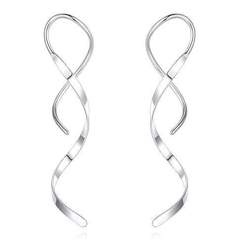 Spiral Threader Earrings for Women, Stainless Steel Drop Dangle Handmade Twisted Linear Curved Dangling Minimal Earrings (Silver)