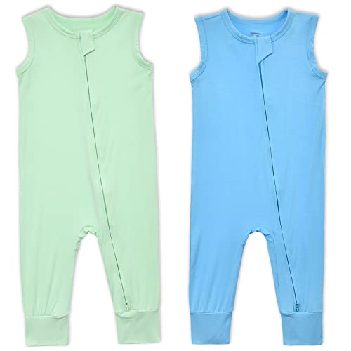 Baby Sleeveless Romper Zipper Toddler Summer Jumpsuit Rayon from Bamboo Outfits Infant Footless Pajamas(Green & Blue, 12-18m)