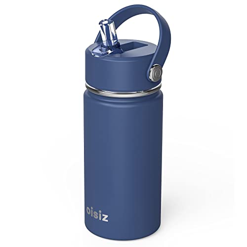 Oisiz Kids Water Bottle with Straw Lid 14oz, Vacuum Insulated 316 Stainless Steel Water Bottles for Kids for School, Leakproof Toddler Water Bottle, BPA Free and Keep Cold for 24 Hours, Navy Blue