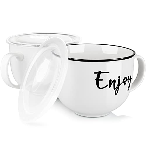 DAYYET Soup Mugs with Handle and Vented Lid, 26 oz Jumbo Coffee Mugs Soup Bowls, Ceramic Mugs for Cereal, Noodles, Ramen, Pasta, Salad, Dishwasher & Microwave Safe, Set of 2, White