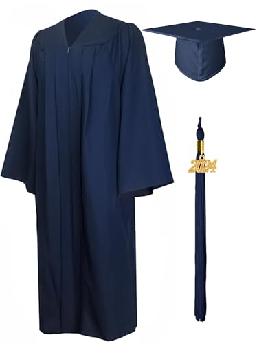 GraduationMall Matte Graduation Gown Cap Tassel Set 2024 for High School and Bachelor Navy Blue 48(5'3'-5'5')