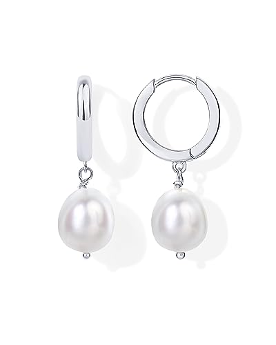 PAVOI Rhodium Plated S925 Sterling Silver Post Lightweight Drop Dangle Huggie Hoop Earrings for Women | Dainty Pearl Earrings