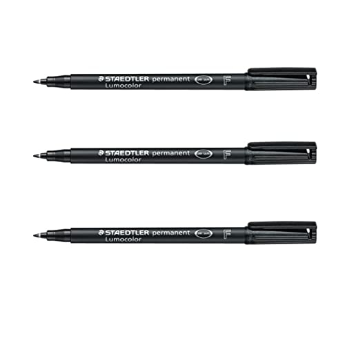 STAEDTLER Lumocolor Fine Permanent Marker Pens - Waterproof Smudge Resistant Quick Dry CD DVD OHP - Black - Pack of 3