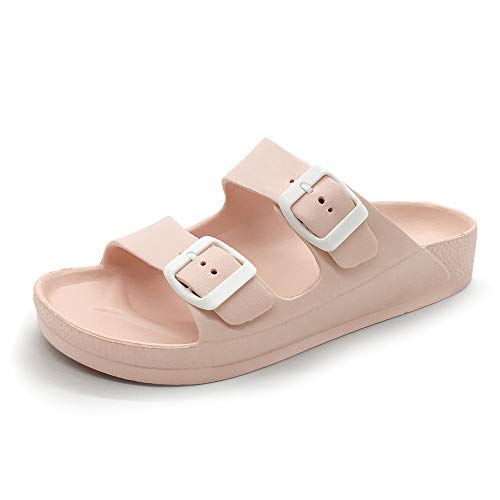 FUNKYMONKEY Women's Comfort Slides Double Buckle Adjustable EVA Flat Sandals (7 M US, Pink A)