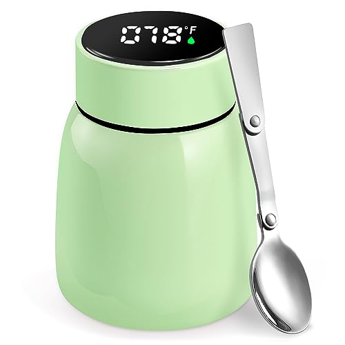 Spoilu Kids Thermo for Hot Food, Insulated Food Container with Temperature Display - 11 Oz, Stainless Steel Vacuum Insulated Food Jar with Folding Spoon, Leak Proof, Green