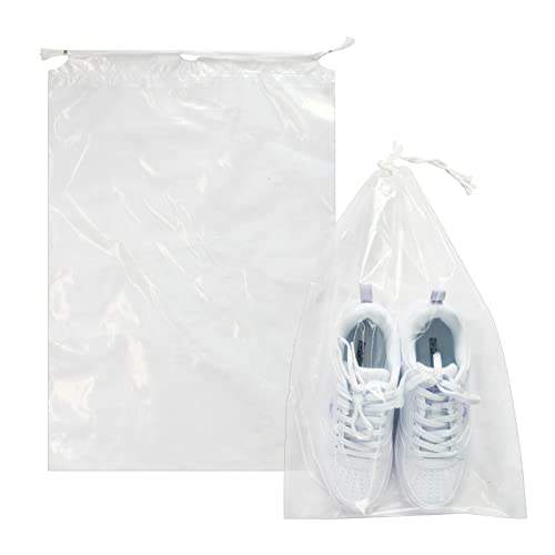 Belinlen 100 Pack 12x18 inch Plastic Drawstring Bags Transparent Shoe Bags for Travel Large Clear Shoes Storage Organizers Pouch with Cotton Draw Strings Shoe Dust Bags