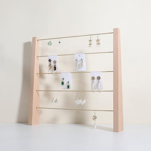 GemeShou Beech 5 Tier Jewelry organizer storage shelf, Wooden earring display stand with 30 pcs PVC earring cards, Brass Jewelry rack for dangle hoop earring【Beech-Brass 5-Tier】