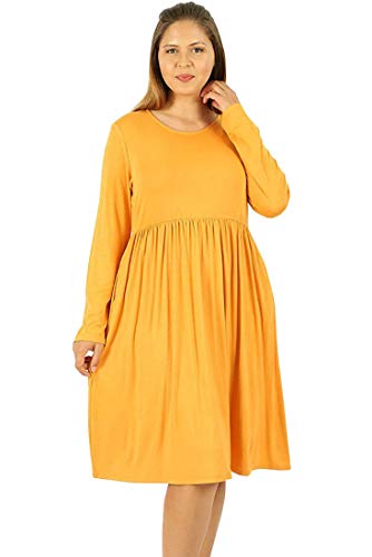 Modern Kiwi Plus Size Basic Times Long Sleeve Shirring Pocket Midi Dress with Side Pockets Yellow 1X