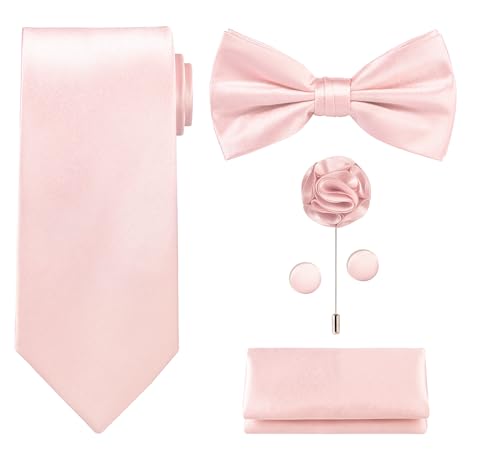 TIE G 5pcs Tie Set in Gift Box : Solid Color Necktie, Satin Bow Tie, Pocket Square, Lapel, Cuff Links (Blush Pink)