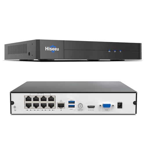 【16 channel Extendable】Hiseeu 8 Port 4K PoE Network Video Recorder NVR, Support 4K/2K/8MP/5MP/3MP/1080P PoE Camera, Free Remote Access, Motion Alarm, 24/7 Recording, Smart Playback, No Hard Disk Drive