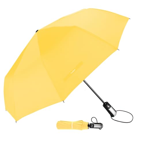 TradMall Travel Umbrella Windproof with 46 Inches Large Canopy 10 Reinforced Fiberglass Ribs Ergonomic Handle Auto Open & Close, Yellow