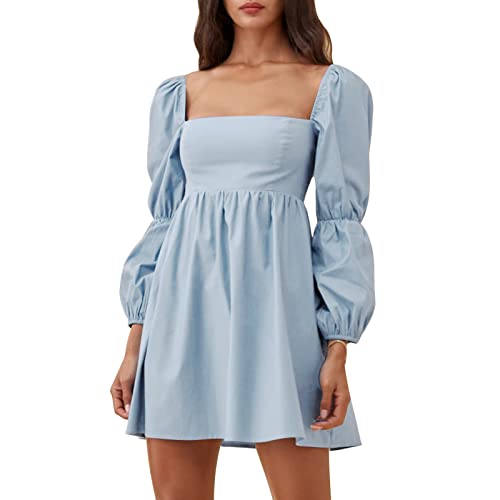 EXLURA Womens Square Neck Dress Long Puff Sleeve A-Line Casual Short Mini Dress Sky Blue