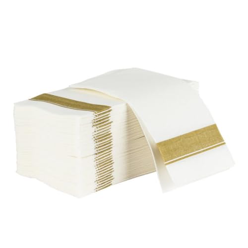 Elegant Cloth-Like Gold Border Square Dinner Napkins (Pack of 50) - 22' x 22' - Disposable Paper Napkins for Weddings, Dinners, Upscale Parties & Other Celebrations