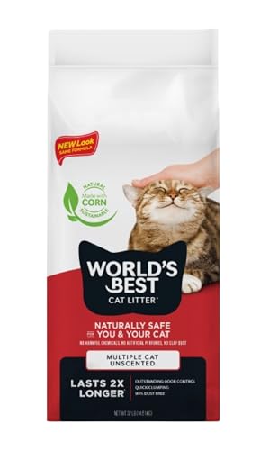 WORLD'S BEST CAT LITTER Multiple Cat Unscented, 32-Pounds - Natural Ingredients, Quick Clumping, Flushable, 99% Dust Free & Made in USA - Long-Lasting Odor Control & Easy Scooping