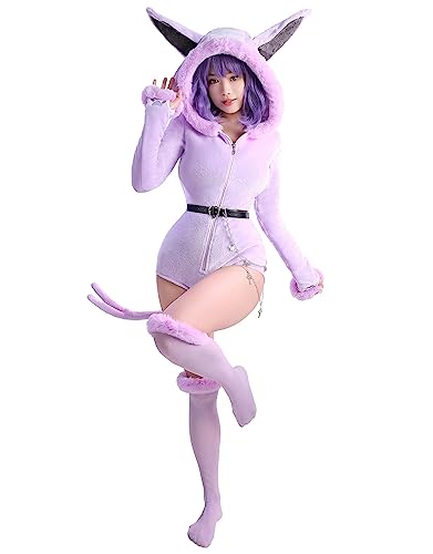 Mobbunny Anime Derivative Romper Onesie Pajamas Bodysuit with Tail Belt and Socks Fluffy Bodycon Hooded Jumpsuit (purple, large)
