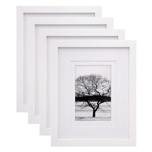 Egofine 8x10 Picture Frames Set of 4, Made of Solid Wood Covered by Plexiglass 4x6 and 5x7 with Mat or 8x10' without Mat, for Table Top Display and Wall Mounting Photo Frame White