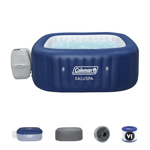 Coleman SaluSpa Atlantis AirJet 4 to 6 Person Inflatable Hot Tub Square Portable Outdoor Spa with 140 Soothing Jets with Cover, Blue