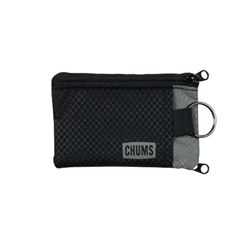 Chums Surfshorts Wallet - Lightweight Slim Wallet with RFID Blocking Card & Clear ID Window - Zippered, Water Resistant w/ Key Ring (Black/Gray)