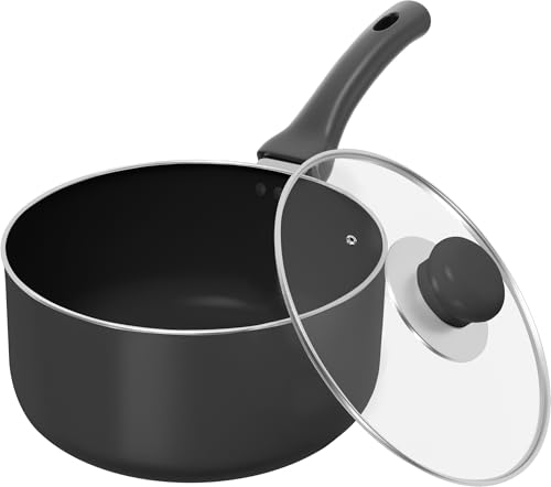 Utopia Kitchen Nonstick Saucepan with Detachable handle & Glass Lid (1, Grey - Black, 2 QT)