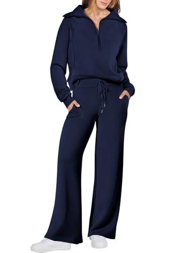 ANRABESS Women 2 Piece Outfits Sweatsuit Set 2023 Fall Trendy Oversized Quarter Half Zip Sweatshirt Wide Leg Sweatpant Lounge Matching Sweat Set Athletic Tracksuit Travel Clothes 1088zanglan-S